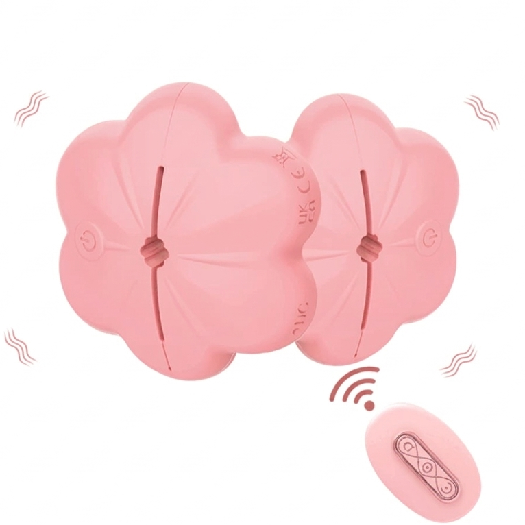 Two pink flower-shaped adjustable nipple clamps with a matching wireless remote