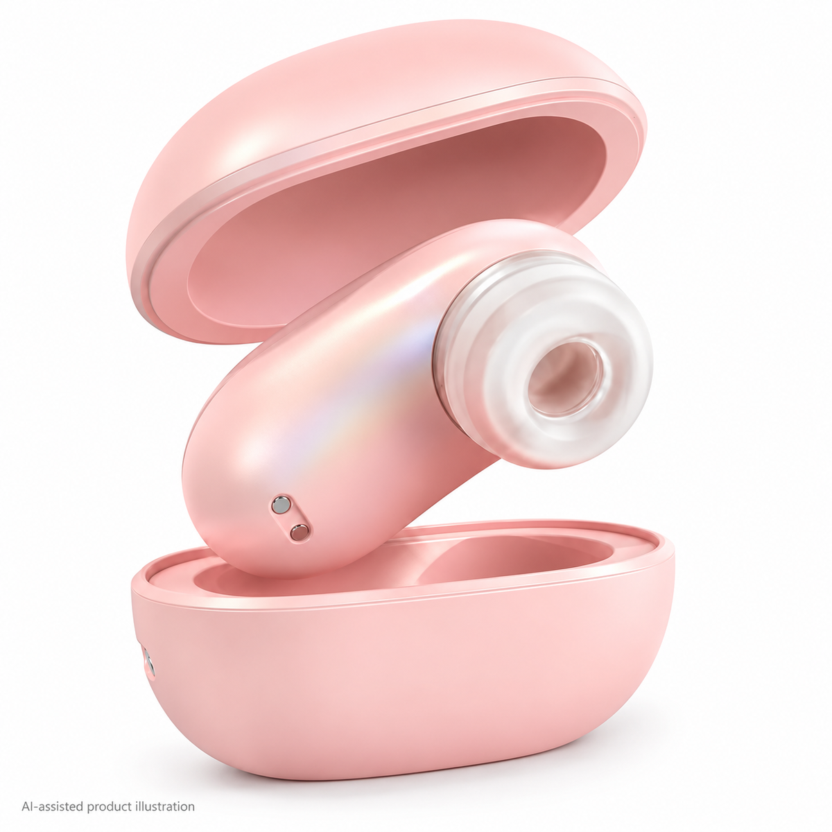 AI-assisted illustration of a pink suction massager with two buttons and its open matching charging case