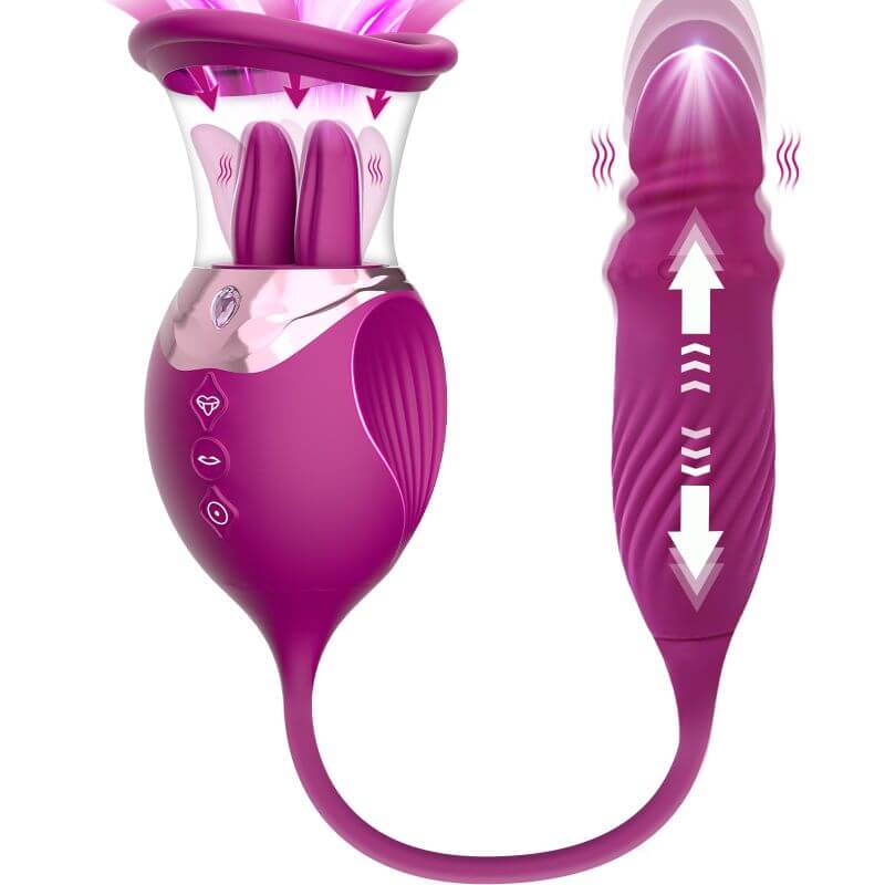 Purple Rose Sucker with a clear cup, twin tongue contacts and a cord-connected textured thrusting shaft