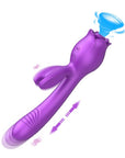Purple rabbit rose vibrator with suction head, twin side ears and ribbed telescopic shaft tip; arrows and outlines illustrate motion