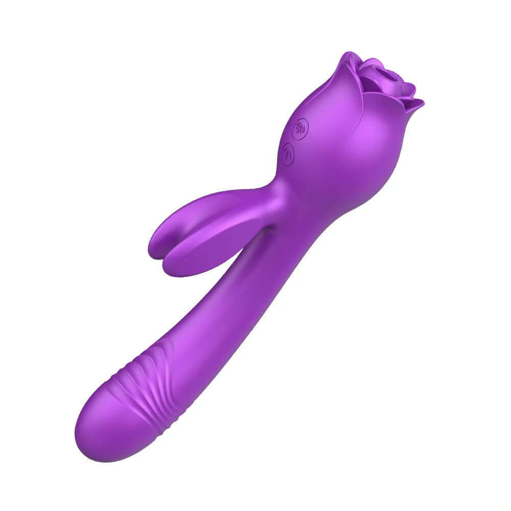 Plain side view of purple Rabbit Rose Toy showing the rose head, two front controls, short rabbit arm and long textured shaft