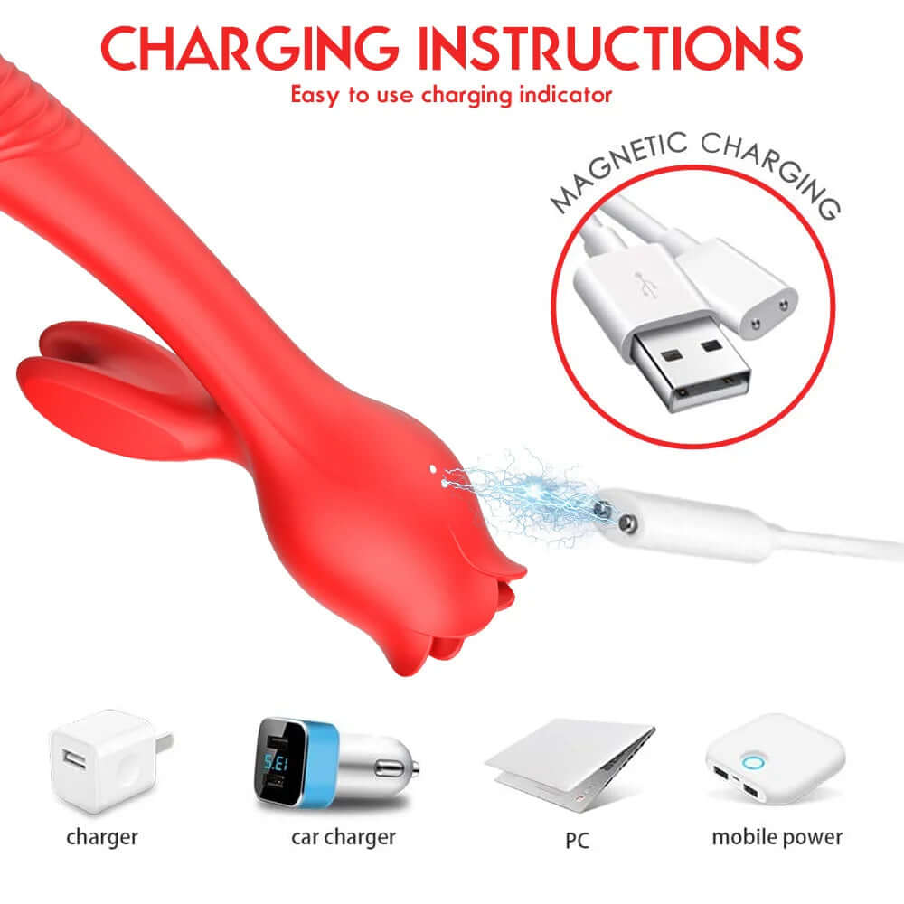 Rabbit Rose Toy rear charging contacts with a matching two-contact magnetic connector and USB-A cable