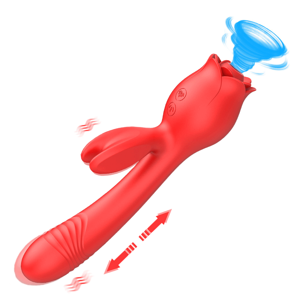 Red Rabbit Rose Toy animation showing a suction rose head, short rabbit arm and long telescopic vibrating shaft