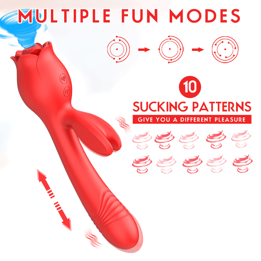 Rabbit Rose Toy mode animation labeled with ten suction patterns and telescopic movement arrows on the long shaft