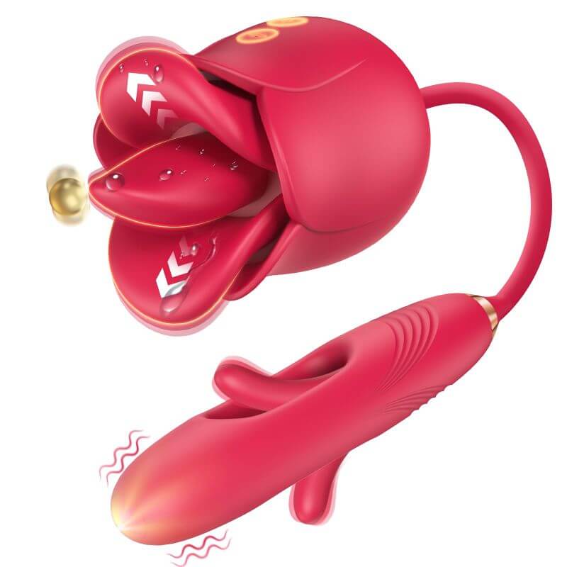 Red rose tongue vibrator with connected curved flapping attachment; arrows, glow and floating sphere illustrate motion