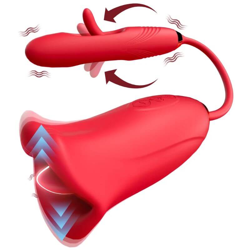 Red rose mouth vibrator with a connected tapping shaft, three buttons and illustrated movement arrows
