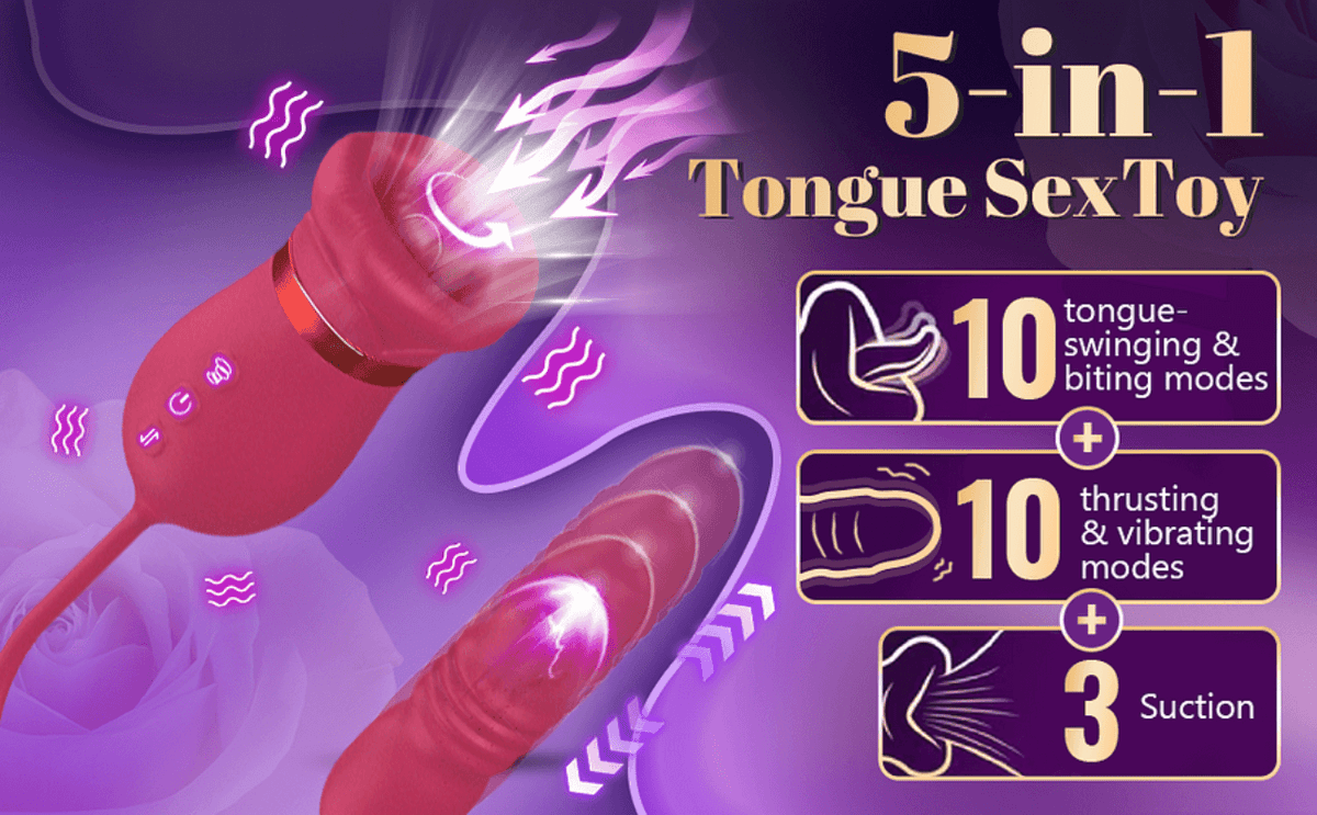 Red rose tongue toy diagram showing ten tongue and biting modes, ten thrusting and vibration modes, and three suction settings