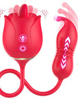 Red rose tongue toy with two front buttons and a connected curved-tip thrusting vibrator