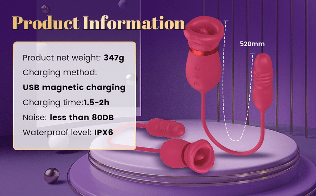 Red rose tongue vibrator specification diagram listing 347 grams, a 520 mm assembly path, magnetic USB charging and IPX6