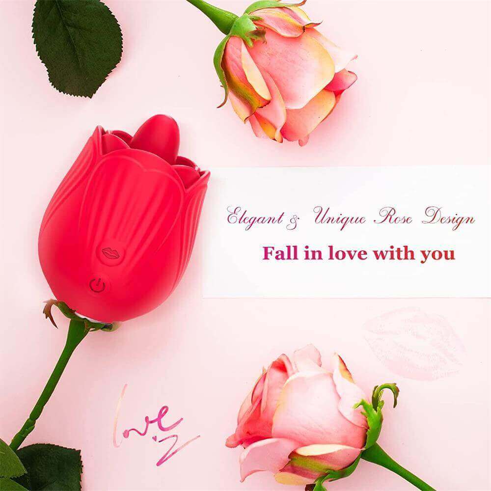Red rose tongue vibrator with two front buttons and textured petals displayed beside pink roses in a decorative design image