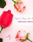Red rose tongue vibrator with two front buttons and textured petals displayed beside pink roses in a decorative design image