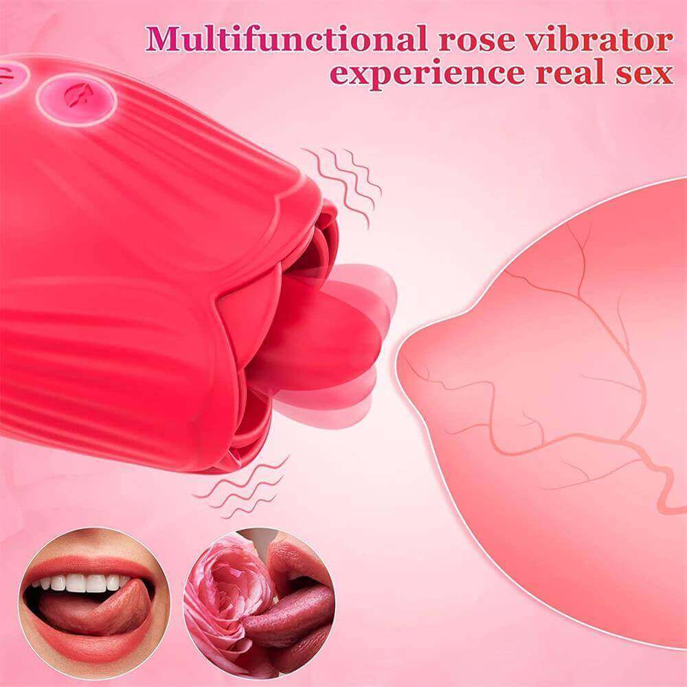 Close view of a red rose tongue vibrator showing the protruding tongue, petal opening and illustrated movement positions