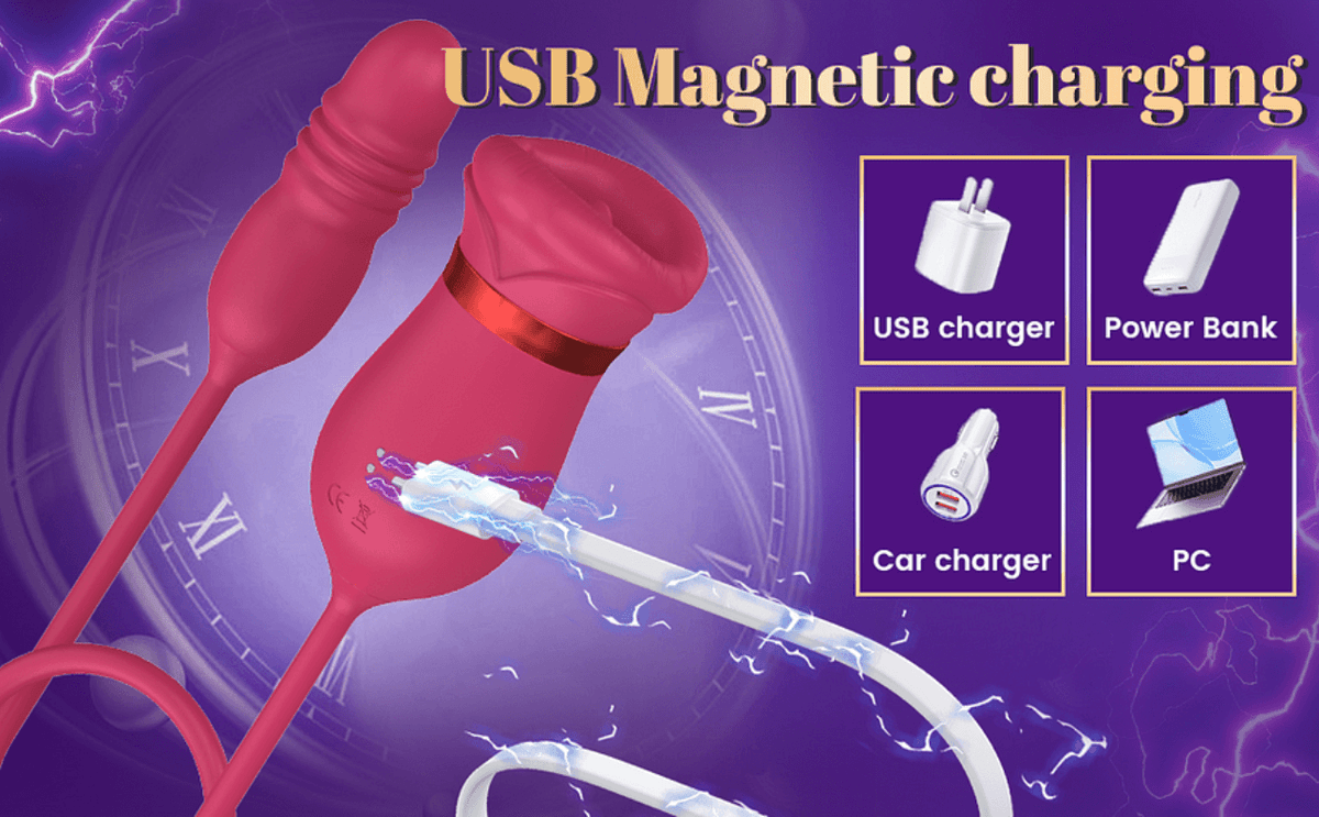 Magnetic USB charging lead attached to the rear contacts of the red rose tongue vibrator