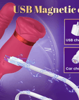 Magnetic USB charging lead attached to the rear contacts of the red rose tongue vibrator