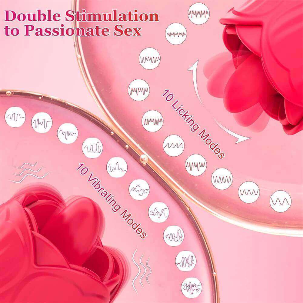 Red rose tongue vibrator mode guide showing ten licking patterns and ten vibration patterns with tongue and petal close-ups