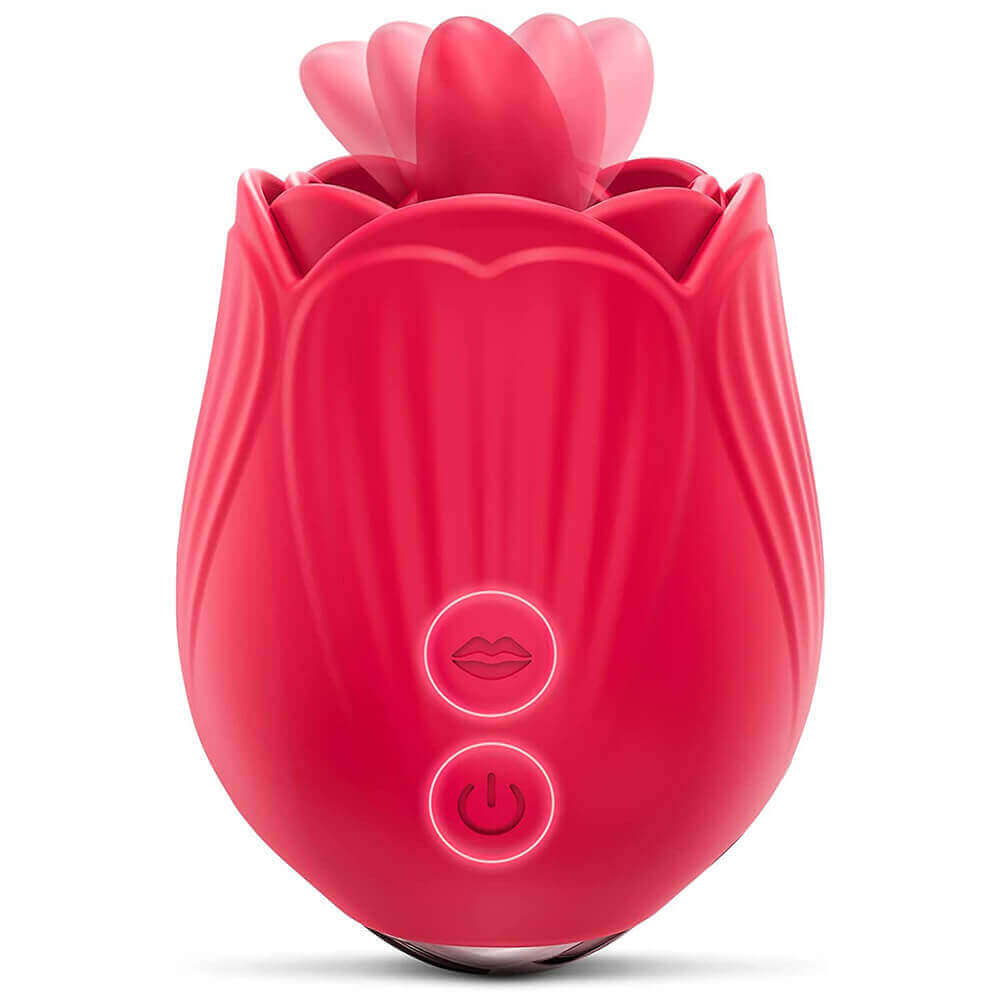 Red rose tongue vibrator with a raised central tongue, textured petals, lip-symbol mode button and separate power button