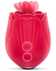 Red rose tongue vibrator with a raised central tongue, textured petals, lip-symbol mode button and separate power button