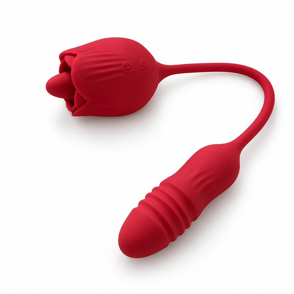 Red Rhea rose tongue vibrator with two front controls and a flexible cord joining a rounded ribbed end on white