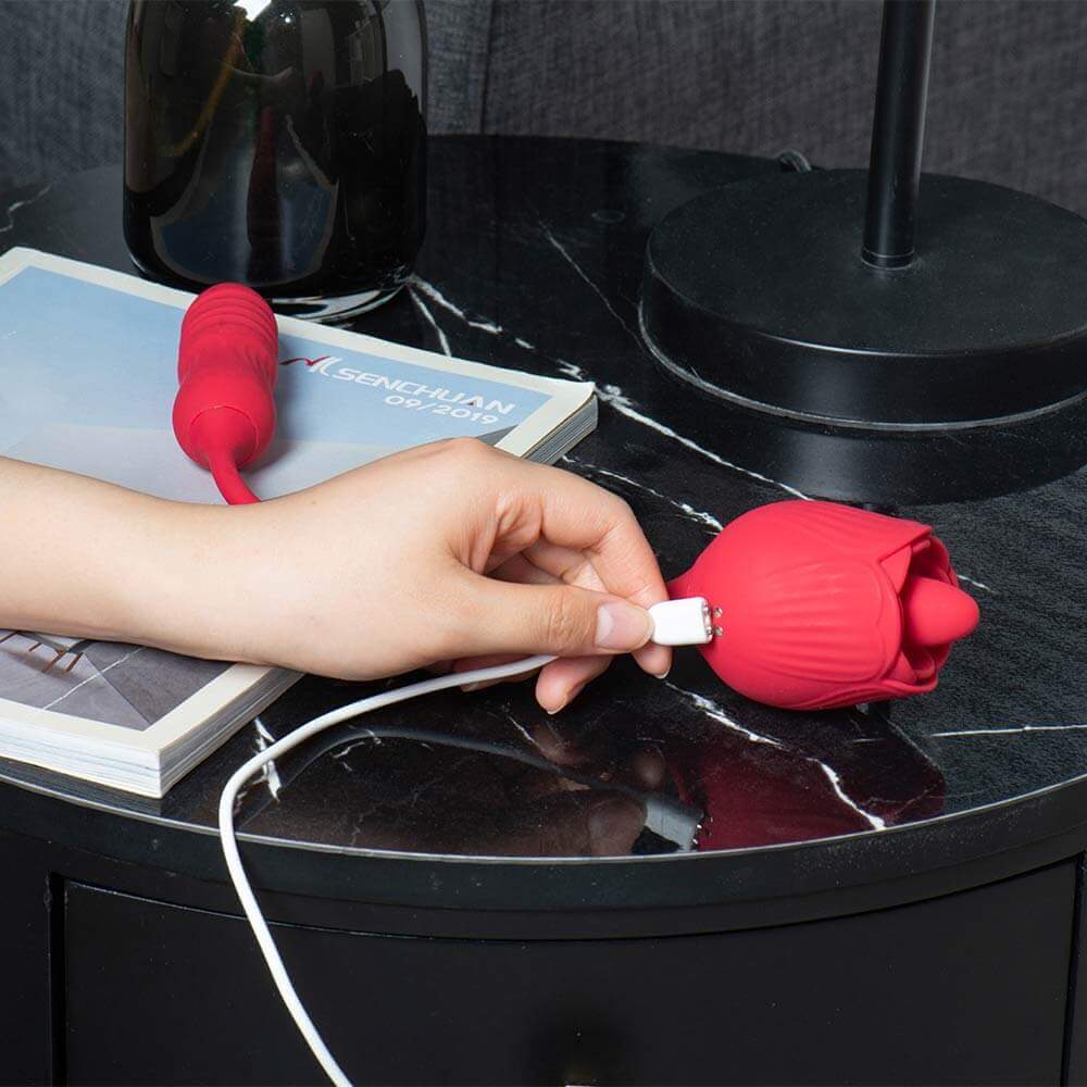 Hand attaching a white magnetic USB cable to the two charging contacts on the red Rhea rose head, with the connected ribbed end behind it