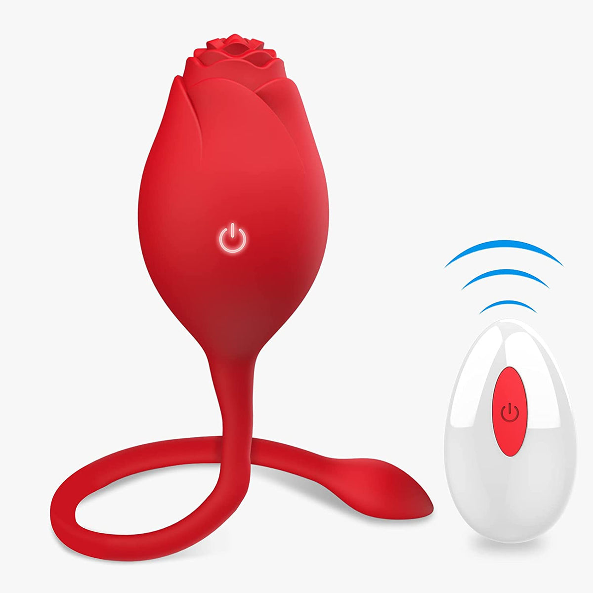 Red rose-shaped vibrating egg with a flexible tail and front power button, shown beside a white wireless remote with a red button