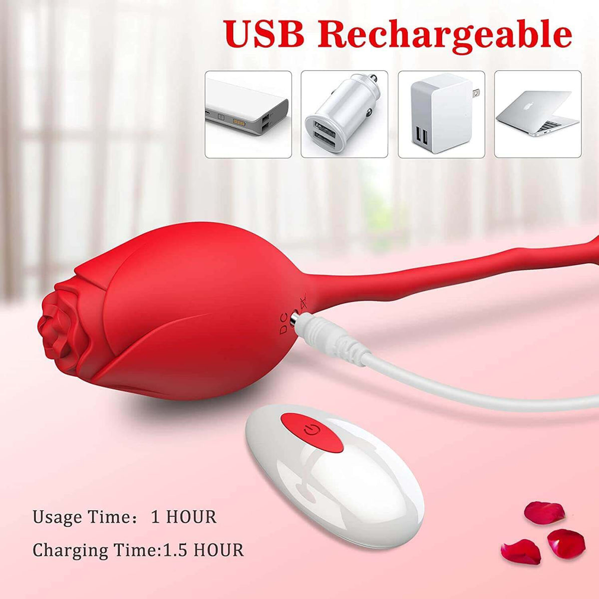 Red rose vibrating egg with a white charging plug in its rear socket, wireless remote and guide listing 1.5-hour charging and 1-hour use estimates