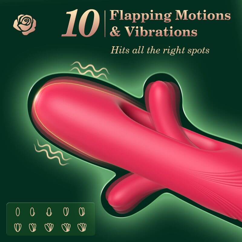 Red curved attachment with raised flexible fins and a central opening; translucent outlines illustrate flapping and vibration