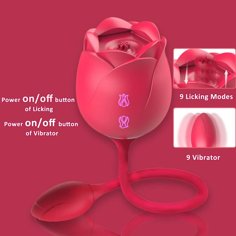 Two-button rose toy guide labeling the upper control for licking and the lower control for vibration