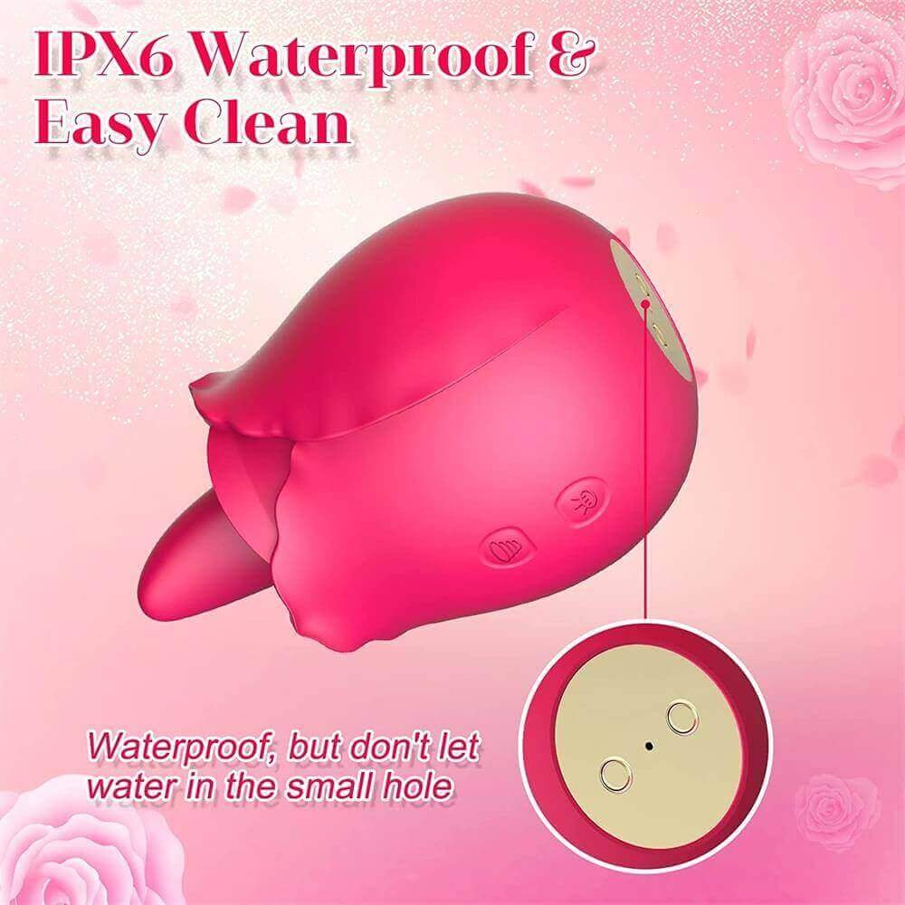 Dual-action pink rose vibrator base detail showing two circular charging contacts and a small central opening with a care instruction to keep water out of the opening
