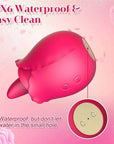 Dual-action pink rose vibrator base detail showing two circular charging contacts and a small central opening with a care instruction to keep water out of the opening
