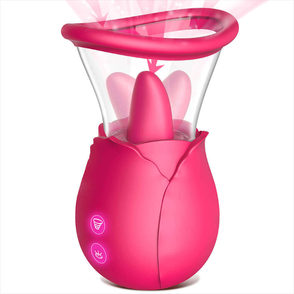 Pink dual-action rose vibrator with a projecting tongue inside a clear flared vacuum cup, a pink rim and two front control buttons