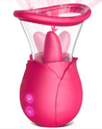Pink dual-action rose vibrator with a projecting tongue inside a clear flared vacuum cup, a pink rim and two front control buttons