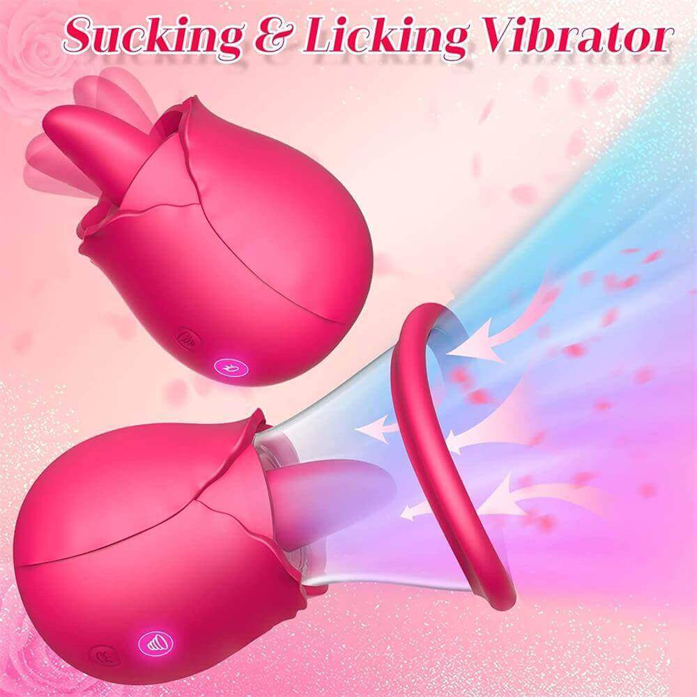 Dual-action rose vibrator shown with its tongue exposed and with the clear vacuum cup fitted, illustrating licking movement and suction airflow