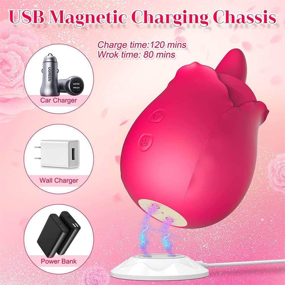 Dual-action rose vibrator above a white USB magnetic charging base, with a graphic listing approximately 120 minutes charging and 80 minutes use