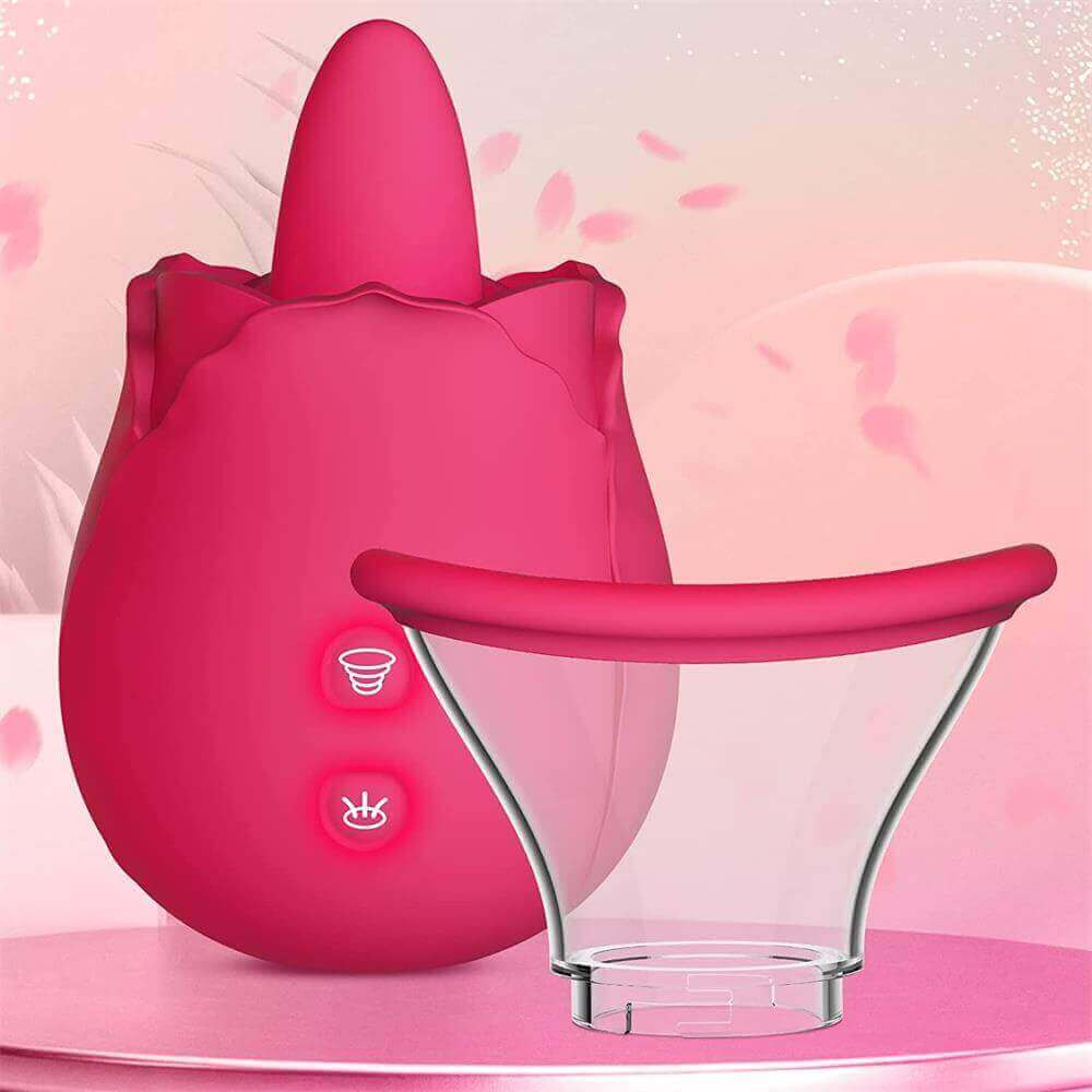 Pink dual-action rose tongue vibrator beside its detached clear flared vacuum cup, showing the cup fitting and two symbol-marked front buttons