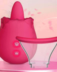 Pink dual-action rose tongue vibrator beside its detached clear flared vacuum cup, showing the cup fitting and two symbol-marked front buttons