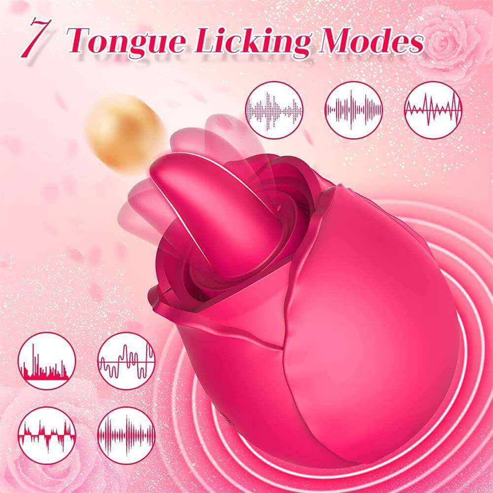 Dual-action pink rose vibrator tongue feature graphic showing seven licking rhythm symbols and illustrated tongue movement
