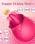 Dual-action pink rose vibrator tongue feature graphic showing seven licking rhythm symbols and illustrated tongue movement