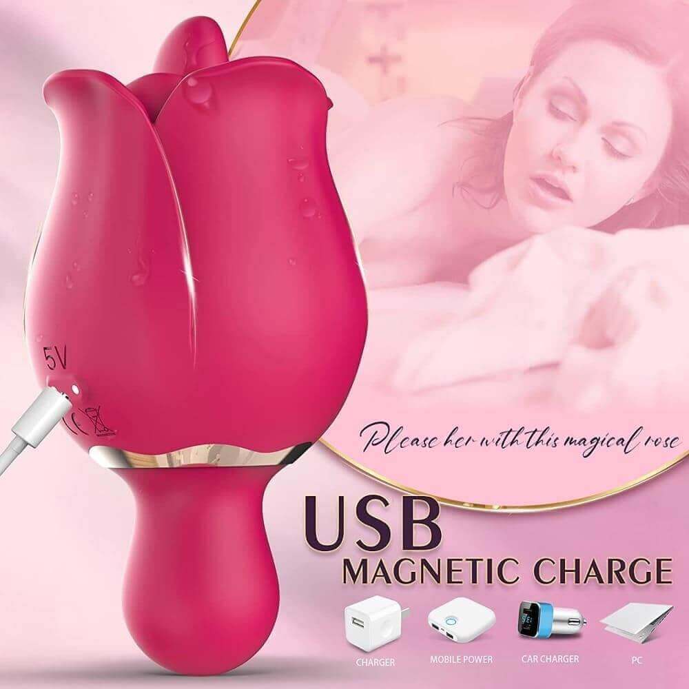 Rear view of the Rose lip-flap vibrator showing its two charging contacts, attached USB magnetic cable and rounded opposite tip