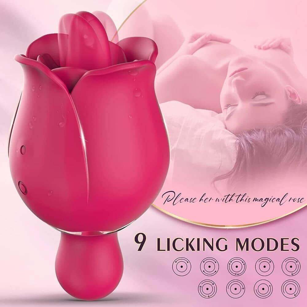 Rose lip-flap vibrator guide showing a raised tongue, two side buttons and nine illustrated licking patterns
