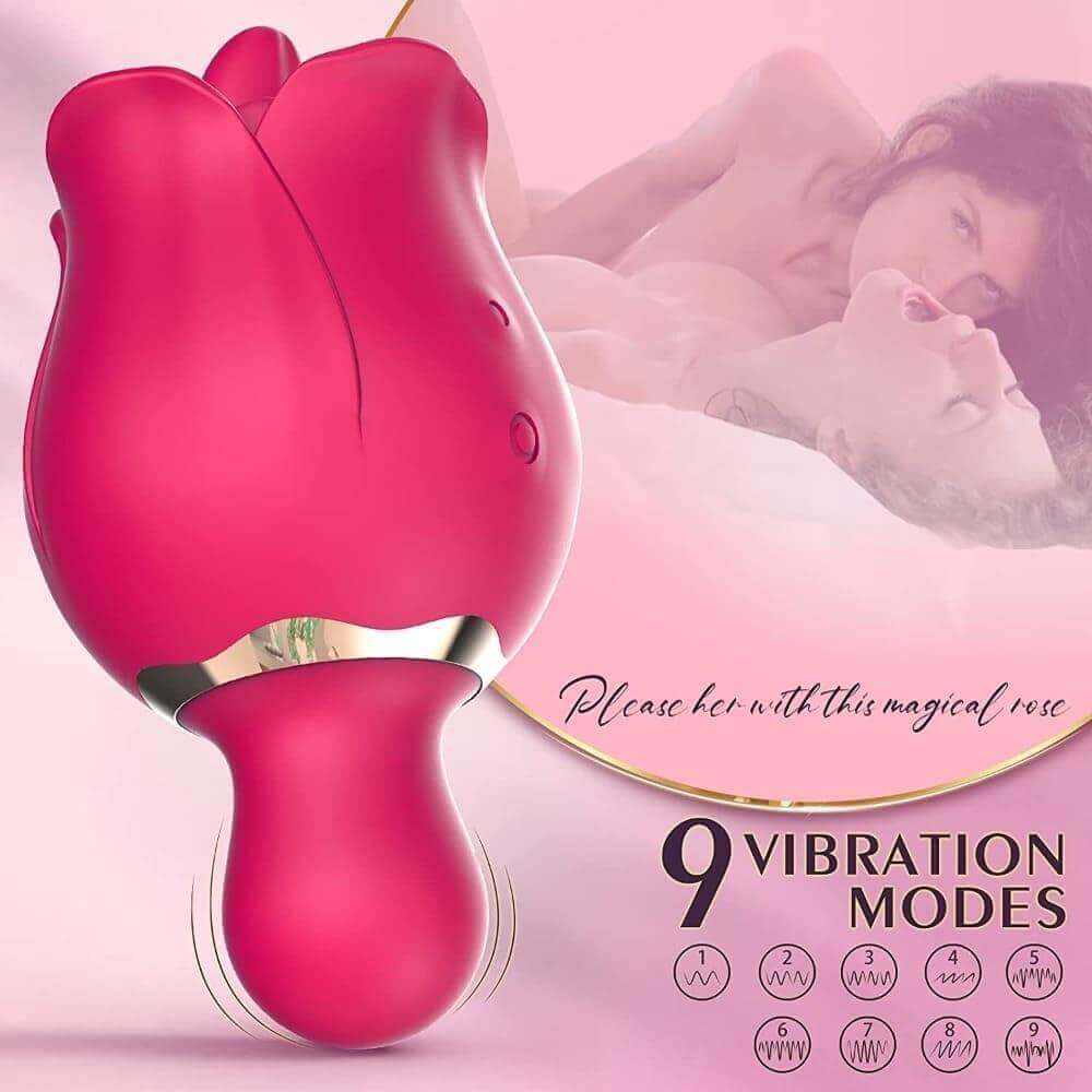 Rose lip-flap vibrator illustration showing the short rounded vibrating tip, two side buttons and nine waveform icons