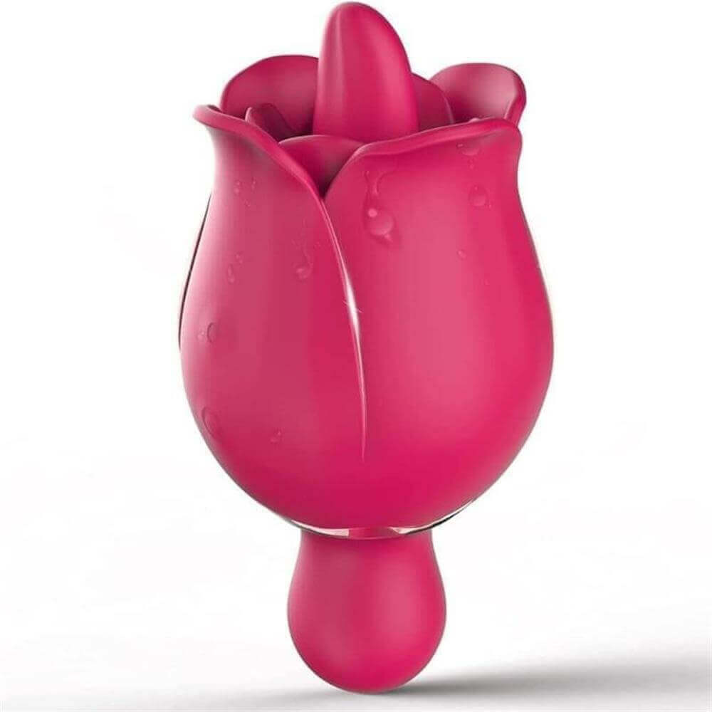 Rose lip-flap vibrator with a tall central tongue, layered petals and a short rounded opposite tip