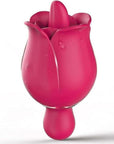 Rose lip-flap vibrator with a tall central tongue, layered petals and a short rounded opposite tip