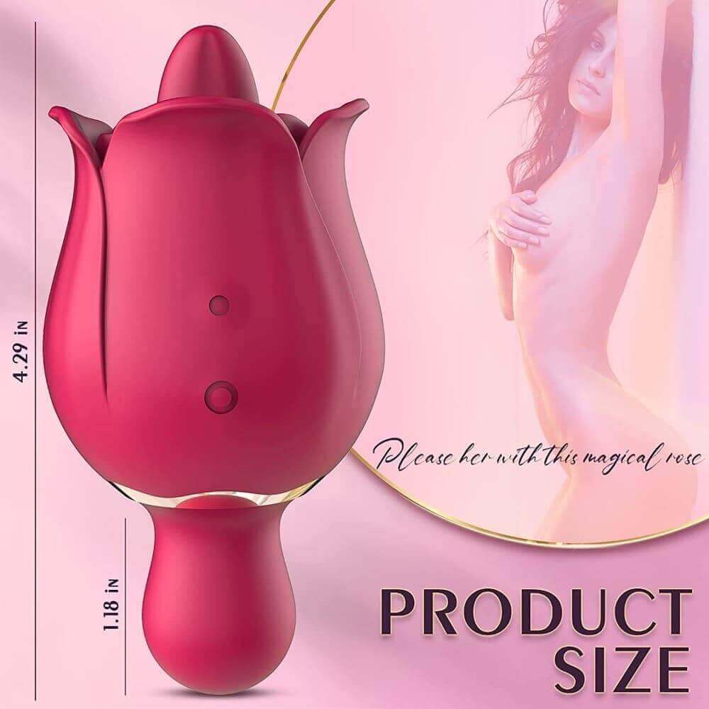 Rose lip-flap vibrator size diagram marking 4.29 inches overall and 1.18 inches for the rounded opposite tip, with two side buttons