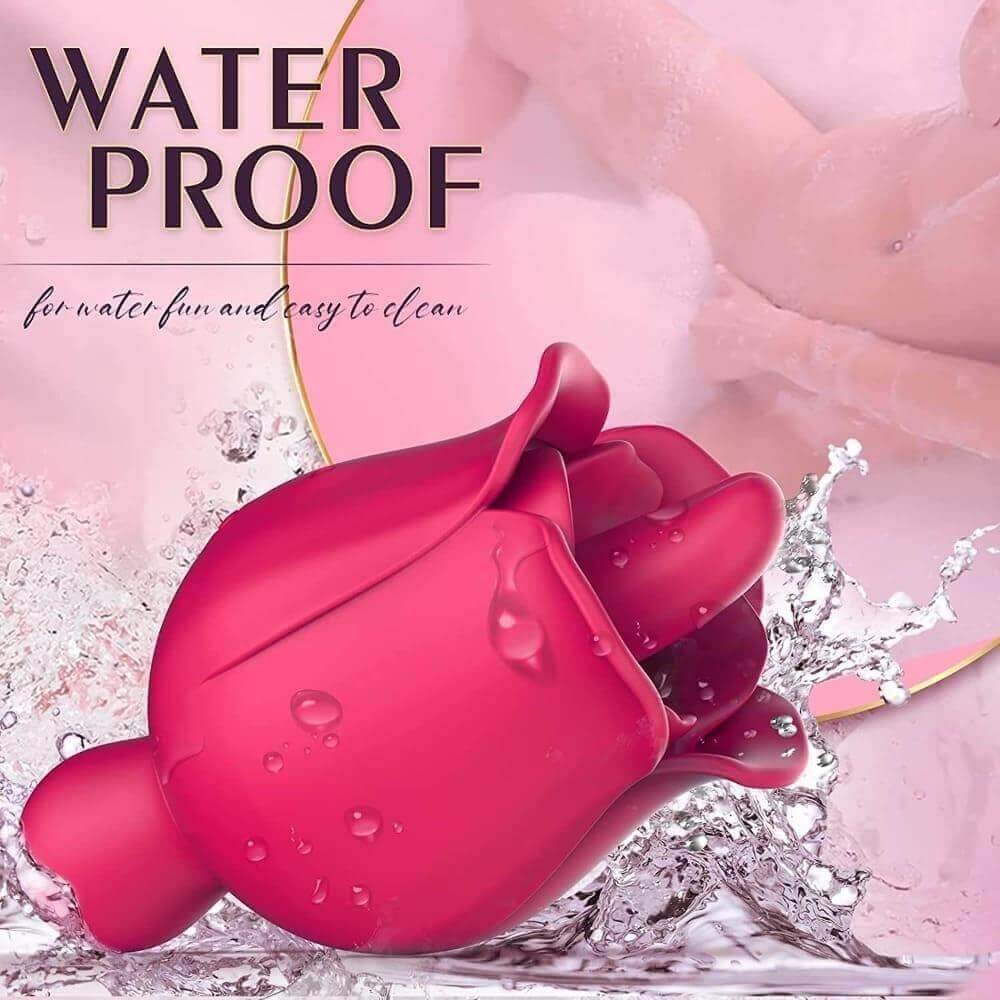 Rose lip-flap vibrator pictured with water droplets and a water-resistance caption, showing the tongue and rounded opposite tip