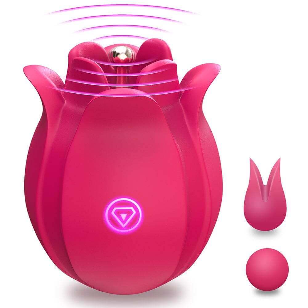 Pink rose pinpoint vibrator with a silver central tip, one front button and round and forked silicone attachment heads