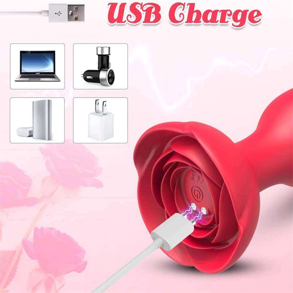 Rose vibrating plug charging guide showing a white magnetic USB cable attaching to the two contacts inside the wide red petal base