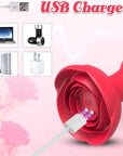 Rose vibrating plug charging guide showing a white magnetic USB cable attaching to the two contacts inside the wide red petal base