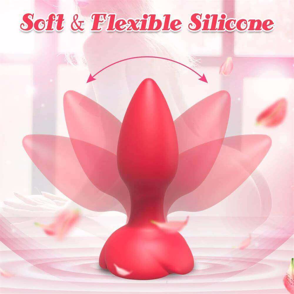 Silicone rose vibrating plug flexibility graphic showing the red tapered bud bending above a narrow neck and broad petal base