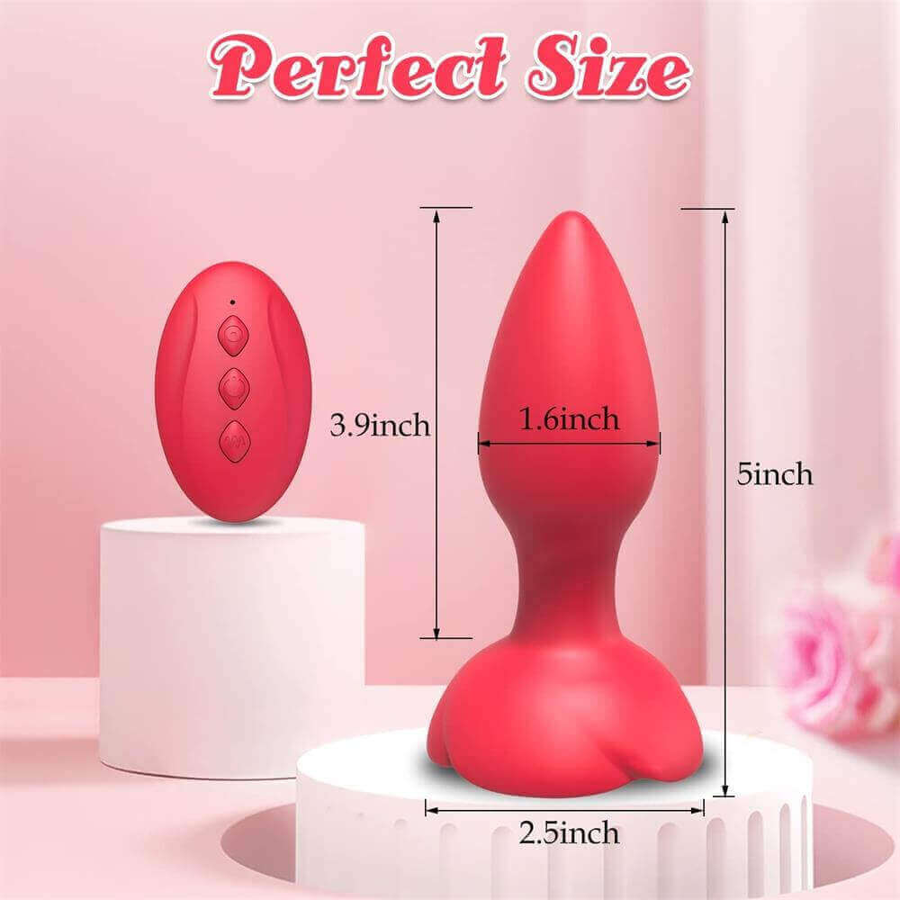 Rose vibrating plug size guide marking 5 inches overall, 3.9 inches above the petal base, 1.6-inch bud width and 2.5-inch base width beside the remote