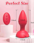 Rose vibrating plug size guide marking 5 inches overall, 3.9 inches above the petal base, 1.6-inch bud width and 2.5-inch base width beside the remote
